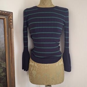 Ann Taylor Navy and Teal Striped Ribbed Sweater with Flared Cuffs
